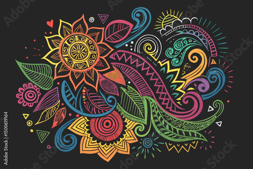 Create a vibrant, chaotic doodle artwork with bold, multicolored lines and shapes, emphasizing energetic, abstract forms.