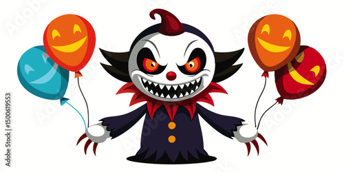 Creepy Halloween Clown Character Holding Three Smiling Balloons, AI Generated