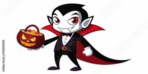 Cute Cartoon Vampire Child Holding a Jack o lantern Candy Bucket for Halloween, AI Generated