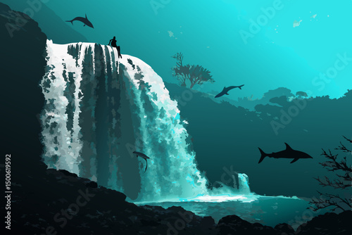 Create a vibrant background image featuring a cascading teal waterfall, emphasizing bold teal hues and a dynamic water texture.  Focus on depth and movement.