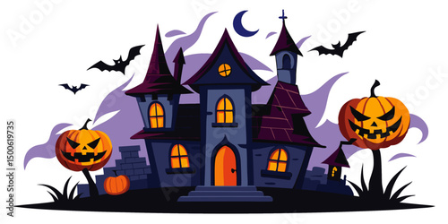 Spooky Halloween Haunted House with Jack oLanterns Bats and Moon, AI Generated