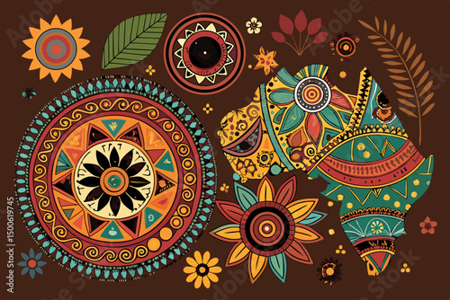 Create bold, vibrant tribal doodles incorporating diverse ethnic patterns, showcasing rich textures and complex details in a cohesive composition.