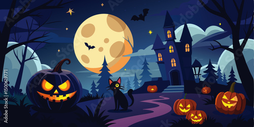 Spooky Halloween Night Scene with Haunted Castle Jack O Lanterns Black Cat and Full Moon, AI Generated