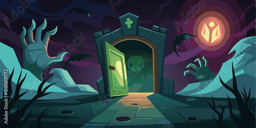 Spooky Halloween Night Scene with Open Tomb Door and Ghastly Hands Reaching Out from the Grave, AI Generated