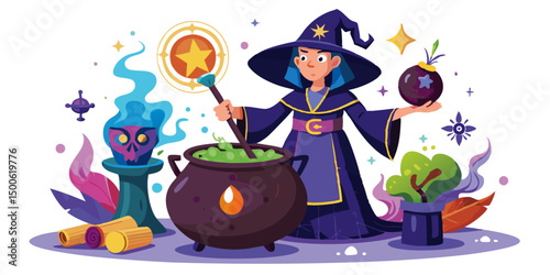 Young Witch Brewing a Magical Potion in a Cauldron with Mystical Ingredients, AI Generated