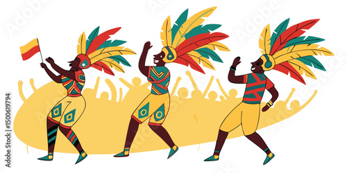 Three vibrant dancers in colorful feathered headdresses celebrate at a lively carnival parade with enthusiastic crowd, AI Generated
