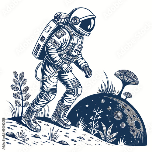 Create a vector illustration of a bold, thick-lined astronaut in a futuristic spacesuit, showcasing advanced technology details.
