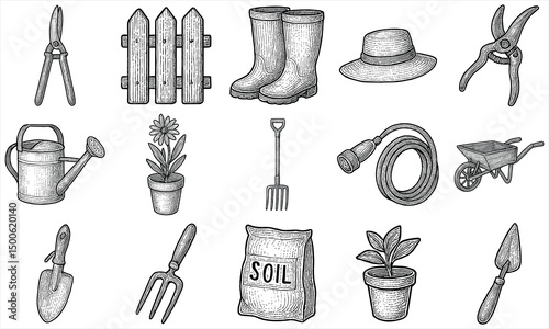 Hand Drawn Gardening Tools Set