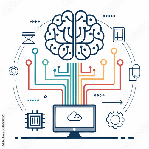 Design a bold, vector illustration of a brain computer interface; emphasize strong lines and impactful visuals.