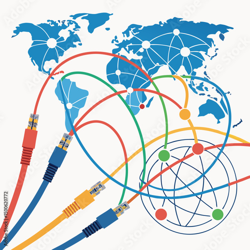 Design a bold, vector illustration of a global internet network, emphasizing strong lines and connections between nodes representing worldwide connectivity.