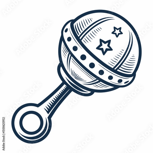 Create a bold, vector illustration of a baby rattle with a textured "ha" on it.  The style should be clean and modern.
