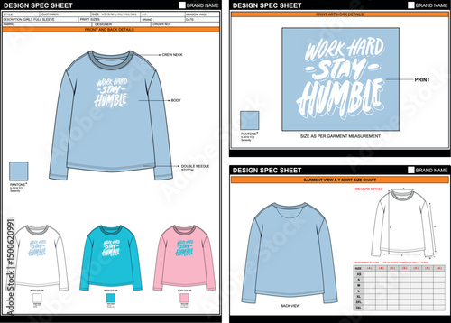STAY HUMBLE PRINT ON GIRLS FULL SLEEVE EDITABLE EMPTY TECHPACK MEASUREMENT TEMPLATE.eps
