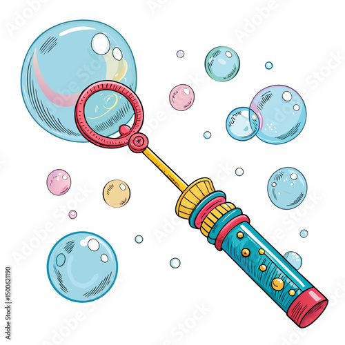 Create a vector illustration of a bold, black stroke bubble wand toy with a vibrant handle.  Include intricate details.