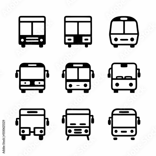 Design a vector icon pack featuring bold-stroke bus illustrations in various styles (front, side, top).  Include variations showing different bus sizes and types.