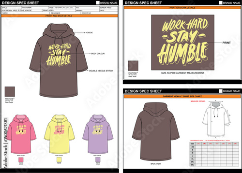 STAY HUMBLE PRINT ON PREMIUM SOLID HOODED HALF SLEEVE TEE EDITABLE EMPTY TECHPACK MEASUREMENT TEMPLATE