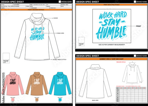 STAY HUMBLE PRINT ON STYLISH SOLID HOODED FULL SLEEVE EDITABLE EMPTY TECHPACK MEASUREMENT TEMPLATE