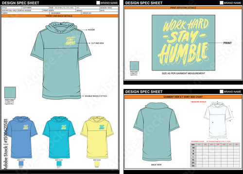STAY HUMBLE PRINT ON STYLISH SOLID HOODED HALF SLEEVE TEE EDITABLE EMPTY TECHPACK MEASUREMENT TEMPLATE