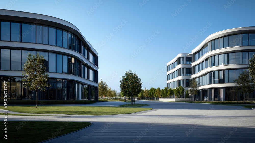 Obraz premium Modern Commercial Architecture Featuring Unique Design Elements in Open Area Landscape
