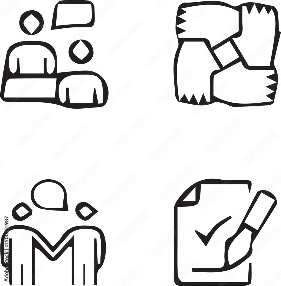 Teamwork and Collaboration: A collection of minimalist icons symbolizing teamwork, collaboration, and the exchange of ideas. Perfect for representing unity, agreements. Teamwork and Collaboration: A collection of minimalist icons symbolizing teamwork, collaboration, and the exchange of ideas. Perfect for representing unity, agreements.