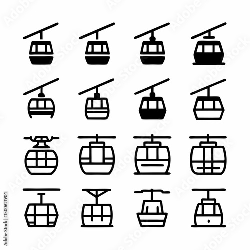 Design a vector icon pack featuring bold-stroke cable cars; various angles, styles, and sizes. Include variations for uphill and downhill travel.