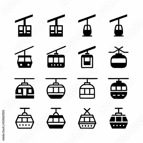 Design a vector icon pack featuring bold stroke cable cars; various angles, styles, and sizes.  Include uphill and downhill variations.