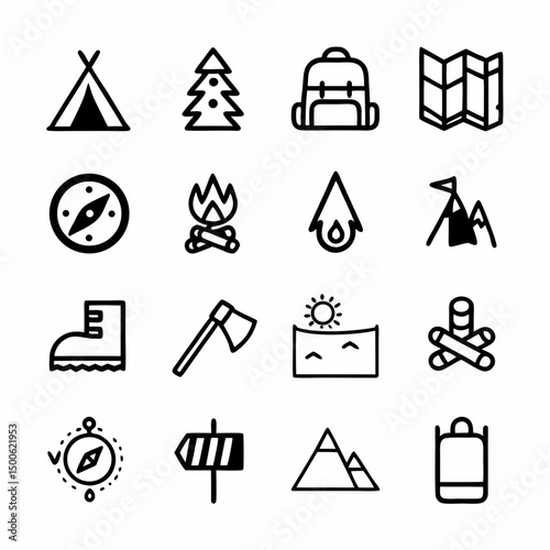 Design a bold, vector illustration of camping & outdoor gear tent, campfire, hiking boots, backpack.  Include strong outlines and vibrant colors.