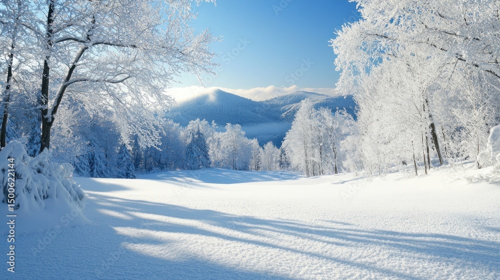 Obraz premium Serene winter landscape with snow-covered trees and mountains under sunlight
