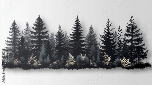 Forest silhouette with tall evergreens and ferny ground cover on a plain background, casting shadows