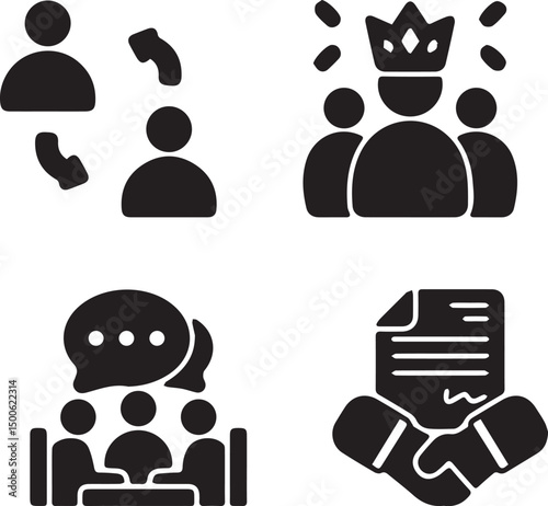 Icons of Business and Collaboration: A collection of stylized black icons depicting business processes, teamwork, negotiation, and partnership, perfect for illustrating concepts of corporate strategy.