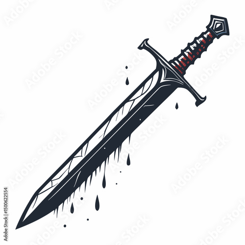 Design a bold, dark, vector illustration of a corrupted, broken sword with thick, impactful strokes.  Focus on a grunge aesthetic.