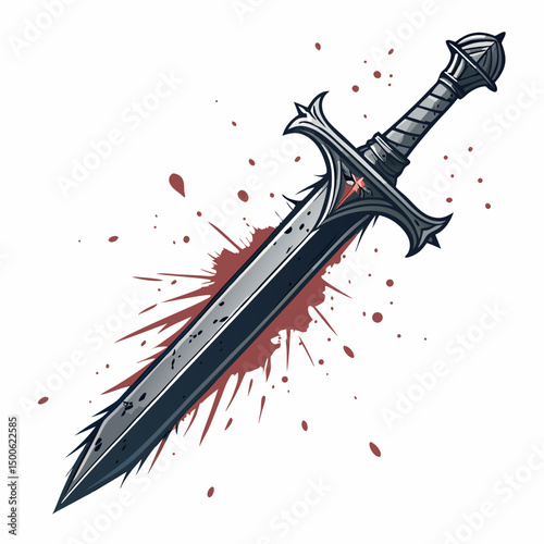 Create a vector illustration of a dark, corrupted sword with a bold, thick stroke.  The sword should appear damaged and menacing.