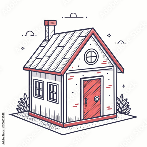 Create a bold, vector illustration of a simplified dollhouse with thick black outlines.  Include vibrant color fills.