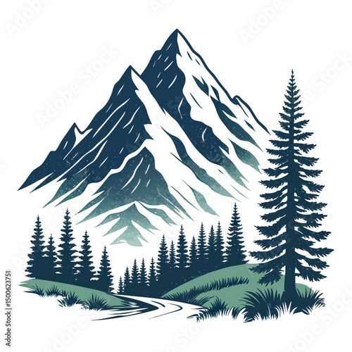 Create a bold, vector illustration of a dramatic, towering mountain peak with strong, thick strokes.  Emphasize texture and depth.
