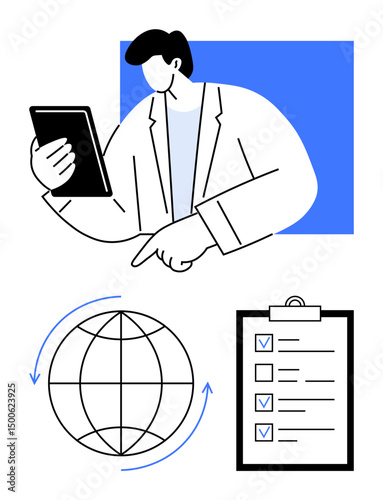 Person holding tablet, checklist with tick marks, globe with arrows highlighting review, strategy, goals. Ideal for planning, management, data analysis, international coordination productivity apps