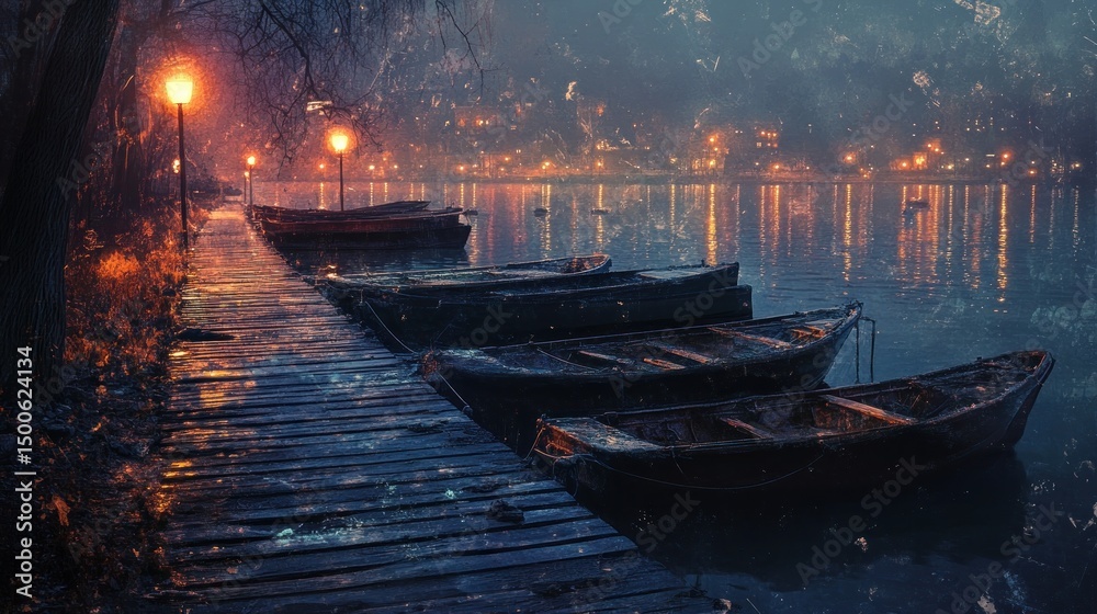 Fototapeta premium Enigmatic waterscape: Boats nestled at tranquil dockside under the glow of twilight