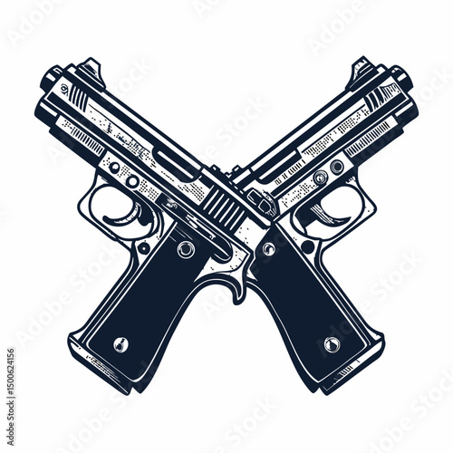 Create a vector illustration of a pair of bold-stroked, dual pistols; emphasizing strong lines and high contrast.  Include realistic details.