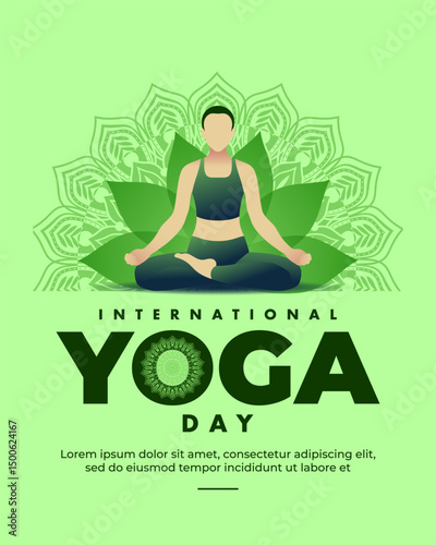 International yoga day poster template ratio 4:5, vector illustration with green background.