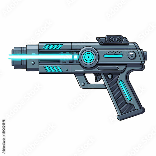 Create a vector illustration of a futuristic laser gun with a bold, thick stroke.  Focus on sharp, clean lines and a metallic texture.