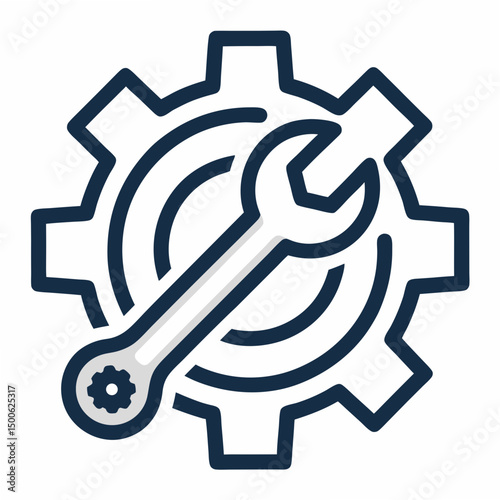 Design a bold, vector icon depicting a gear and wrench, emphasizing strong outlines and clean lines suitable for industrial use.