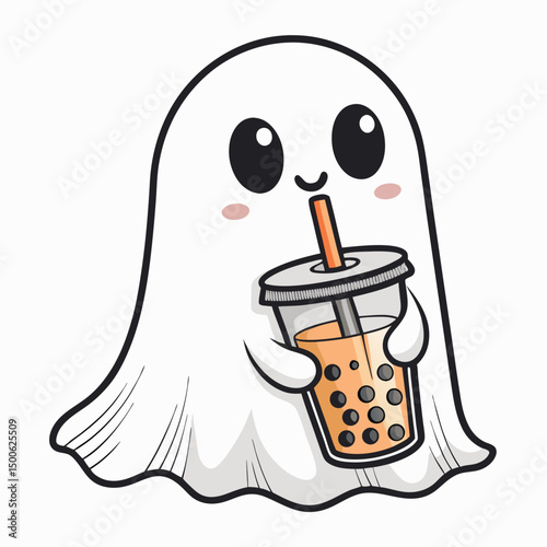 Create a bold vector illustration of a friendly ghost playfully sipping a bubbly drink, featuring thick outlines and a playful style.