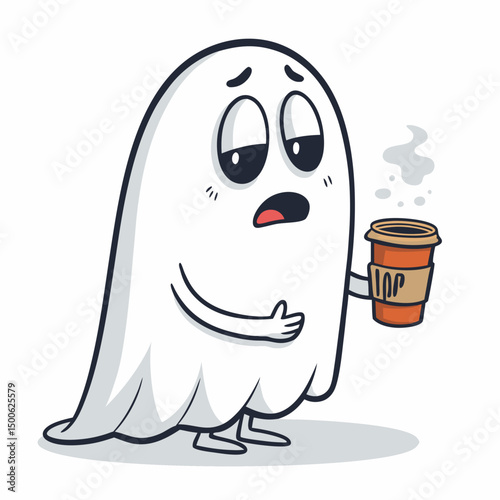 Create a vector illustration of a bold-outlined ghost playfully holding a steaming cup.  The style should be cartoonish but elegant.