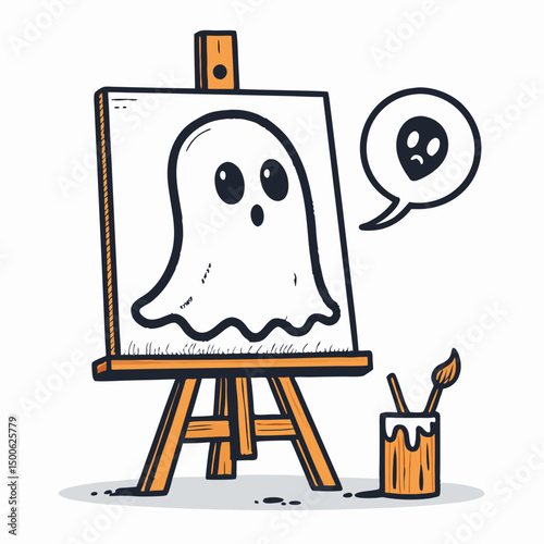 Create a vector illustration of a bold-outlined, spooky ghost painting on a canvas.  The style should be dramatic and slightly whimsical.