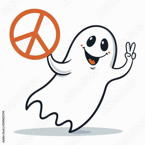 Create a vector illustration of a bold-outlined ghost playfully photobombing a candid photo.  Emphasis on strong, visible outlines.