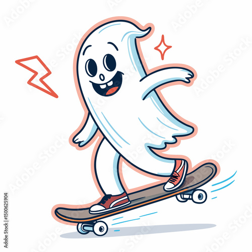 Create a bold, vector illustration of a cartoon ghost riding a skateboard, with thick black outlines and a playful style.