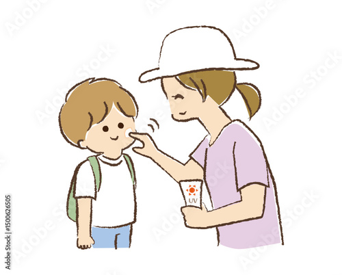母親が子どもの顔に日焼け止めクリームを塗っているイラスト