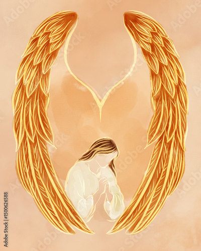 Woman with long hair praying under cover of the wings | Christian art illustration