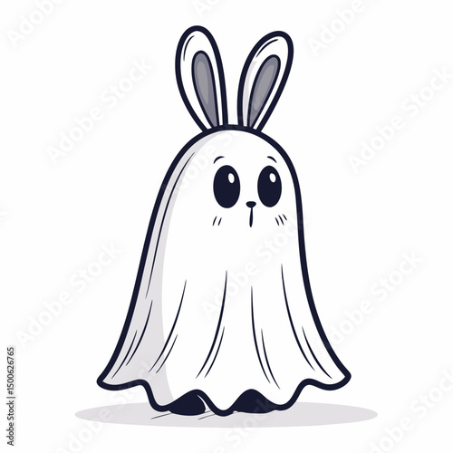 Create a vector illustration of a bold-outlined ghost wearing bunny ears.  The style should be playful yet slightly spooky.