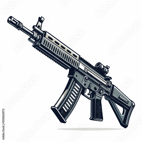 Create a vector illustration of a heavy machine gun, featuring a bold, thick black stroke outline for a strong, impactful design.  Include realistic details.