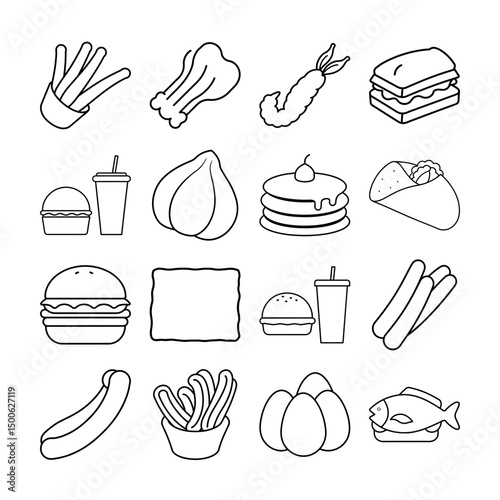Burger and fries line art vector set for fast food themes