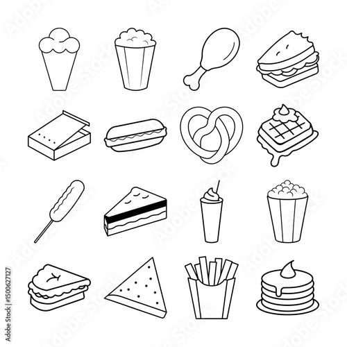 Monochrome fast food sketch vector set in line style